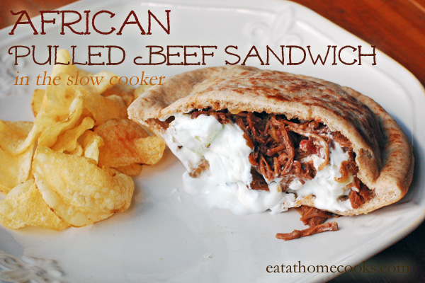 African Pulled Beef Sandwiches in the Slow Cooker with Yogurt-Mint Sauce