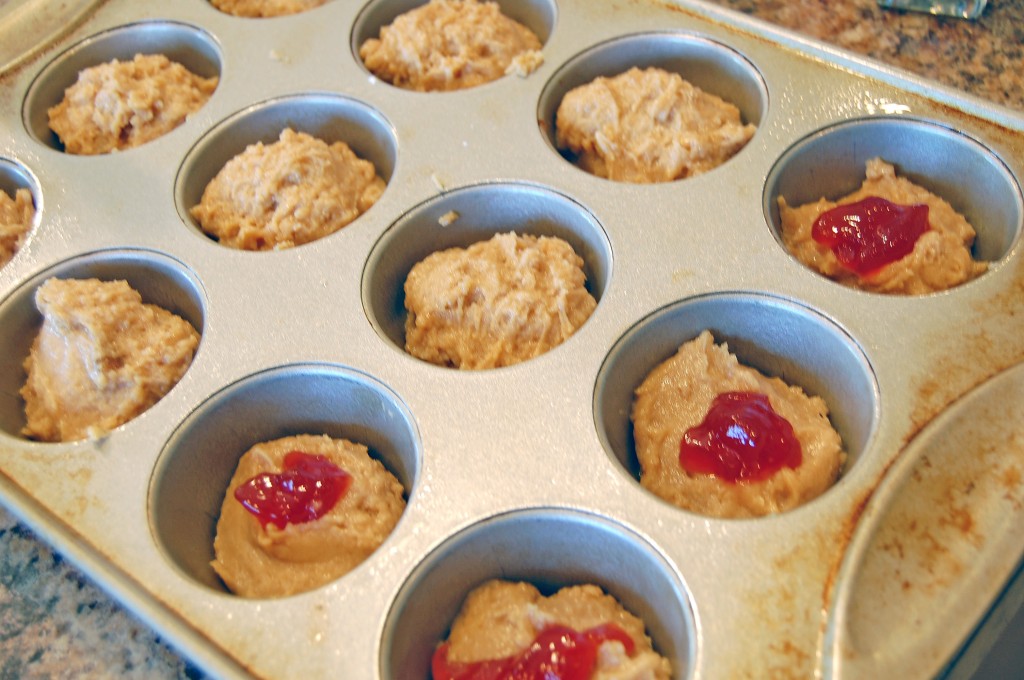 peanut butter and jelly muffins in pan