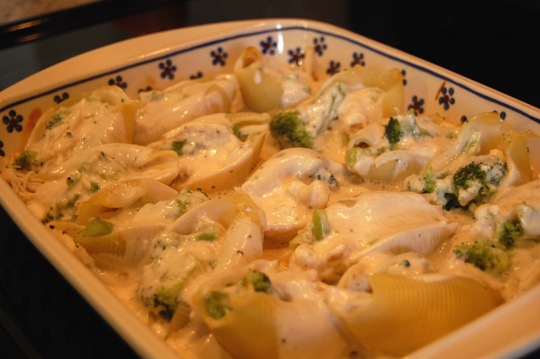 chicken and broccoli stuffed shells with alfredo pan