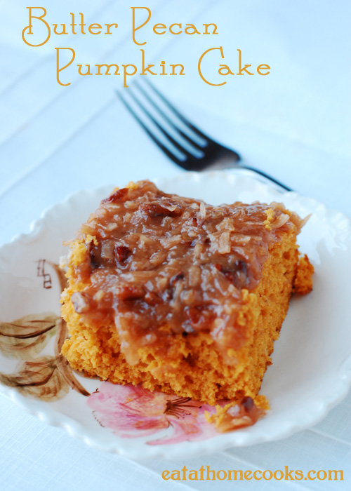 Butter Pecan Pumpkin Cake with Coconut Pecan Frosting www.eatathomecooks
