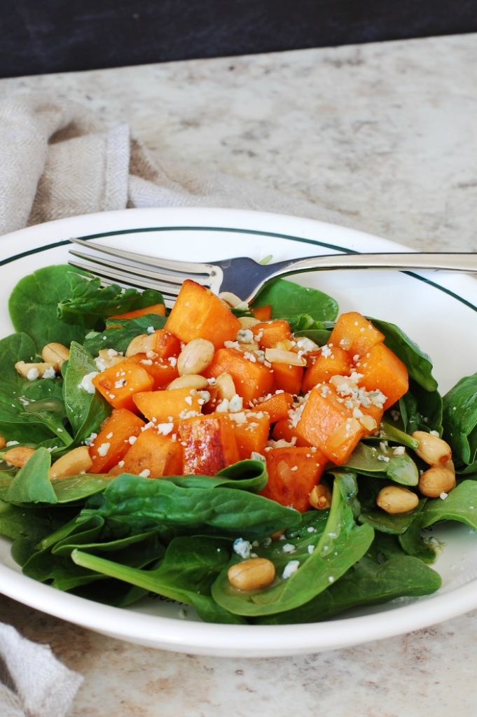Spinach Salad with Sweet Potatoes, Peanuts and Blue Cheese
