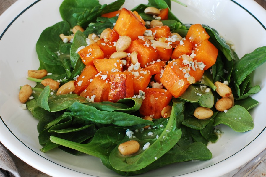 Spinach Salad with Sweet Potatoes and peanuts