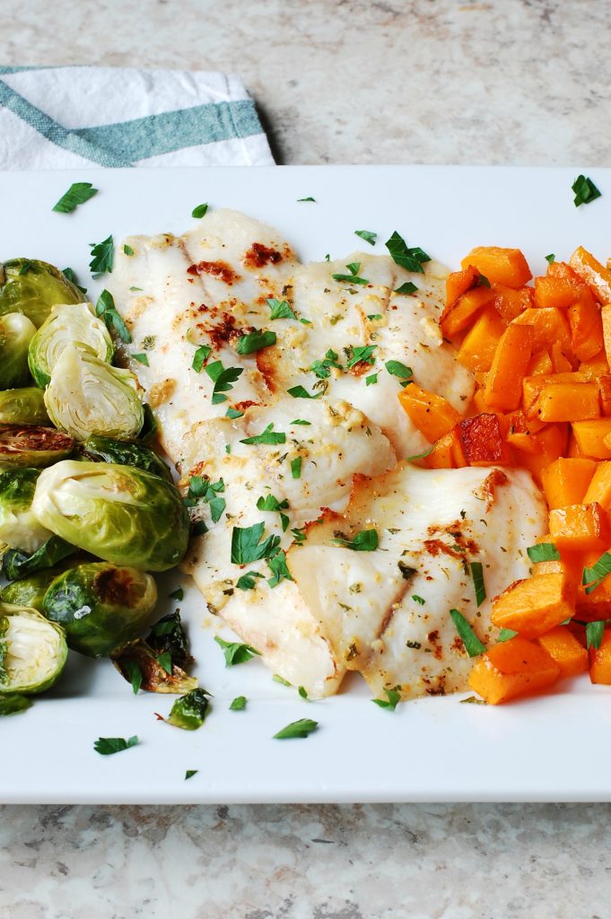 garlic-dijon-fish-with-roasted-brussels-sprouts-and-butternut-squash-eahtonight
