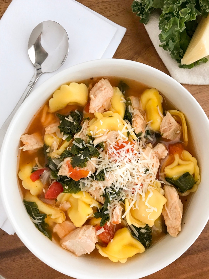 Instant Pot Chicken and Tortellini Soup with Kale is served